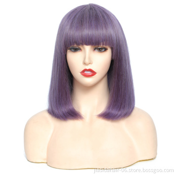 10 12 inche Ombre Color Purple Short Human Hair Wigs With Bangs, Brazilian Straight Hair Bob Wig With Front Fringe Bangs